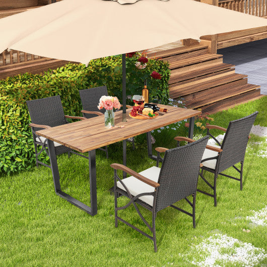 5 Pieces Patio Rattan Dining Set with Acacia Wood Tabletop and Armrests Supply