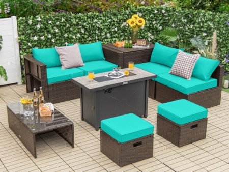 9 Pieces Outdoor Patio Furniture Set with 42 Inch Propane Fire Pit Table-Turquoise For Cheap