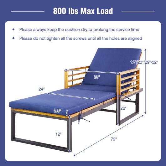 Adjustable Cushioned Patio Chaise Lounge Chair with 4-Level Backrest-Navy Hot on Sale