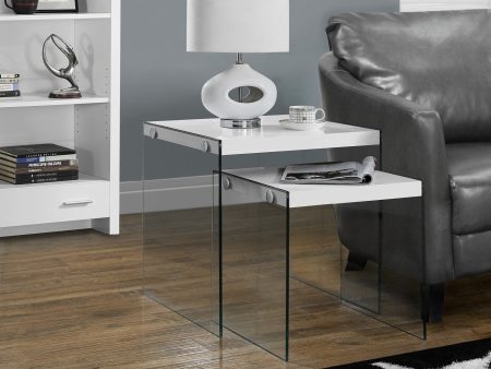 35.5  Glossy White Particle Board And Clear Glass Two Pieces Nesting Table Set Fashion