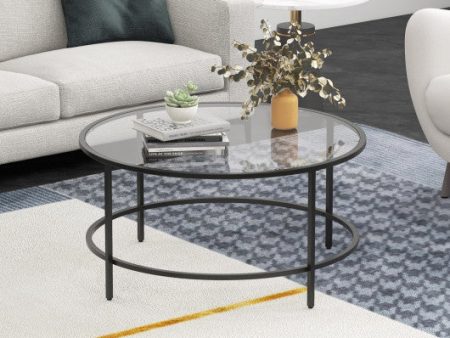 35.5 Inch Round Coffee Table with Tempered Glass Tabletop-Black Fashion