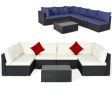 7 Pieces Sectional Wicker Furniture Sofa Set with Tempered Glass Top-White & Navy Hot on Sale