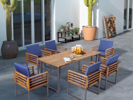 7 Pieces Patio Acacia Wood Dining Chair and Table Set for Backyard and Poolside-Navy Supply