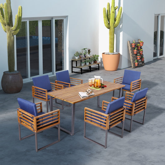 7 Pieces Patio Acacia Wood Dining Chair and Table Set for Backyard and Poolside-Navy Supply