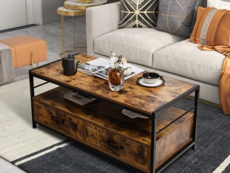 Coffee Table with 2 Drawers and Open Shelf for Living Room-Rustic Brown Online now