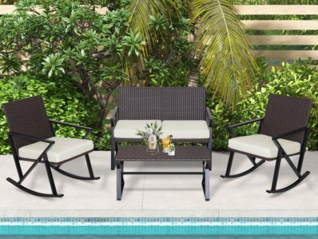 4 Pieces Rattan Patio Rocking Furniture Set with Loveseat and Coffee Table Sale