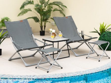 5-Piece Patio Sling Chair Set Folding Lounge Chairs with Footrests and Coffee Table-Gray For Sale