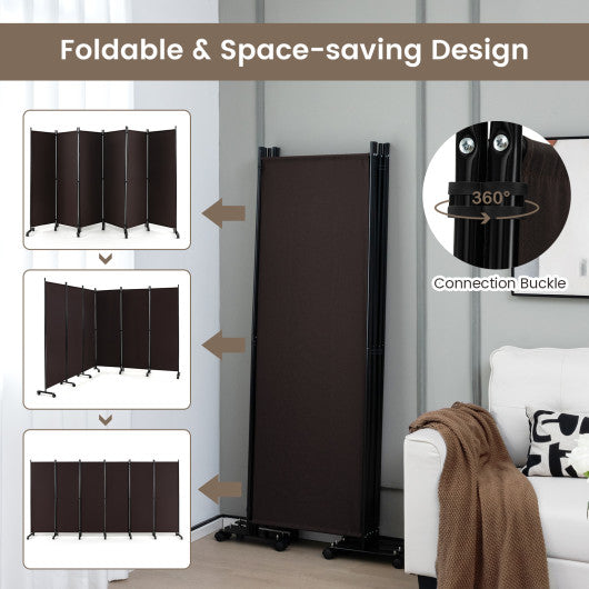 6 Panel 5.7 Feet Tall Rolling Room Divider on Wheels-Brown Online Hot Sale