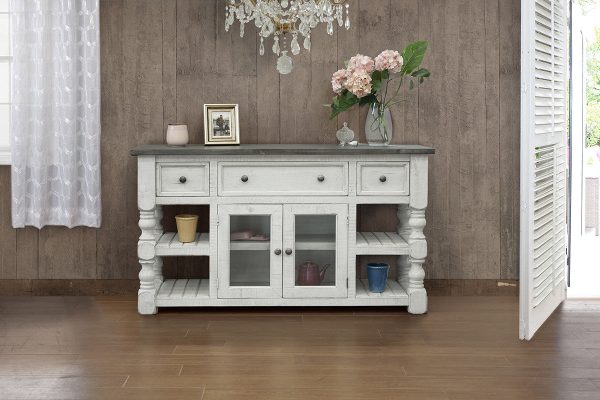 60  Ivory Solid Wood Open shelving Distressed TV Stand For Discount