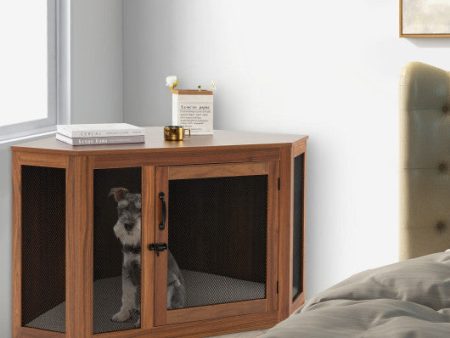 Corner Dog Kennel with Mesh Door and Cushion-Brown Hot on Sale