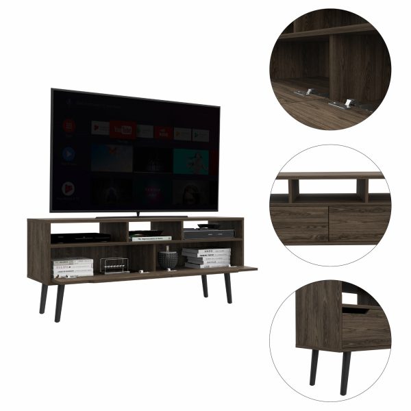 54  Dark Brown Walnut Enclosed and Open Storage TV Stand Cheap