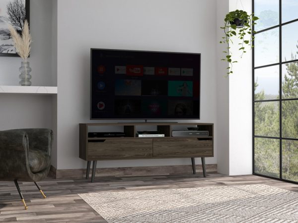 54  Dark Brown Walnut Enclosed and Open Storage TV Stand Cheap