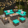 9 Pieces Outdoor Patio Furniture Set with 42 Inch Propane Fire Pit Table-Turquoise For Cheap