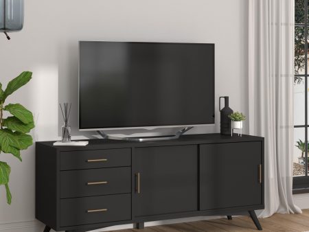 64  Black Mahogany Solid Wood Enclosed and Open Storage TV Stand Online