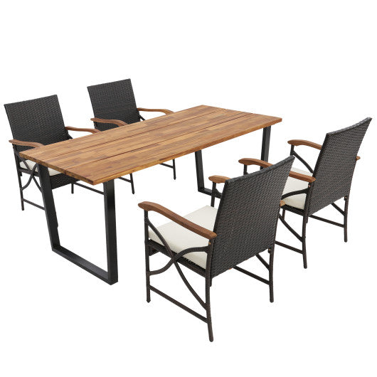 5 Pieces Patio Rattan Dining Set with Acacia Wood Tabletop and Armrests Supply