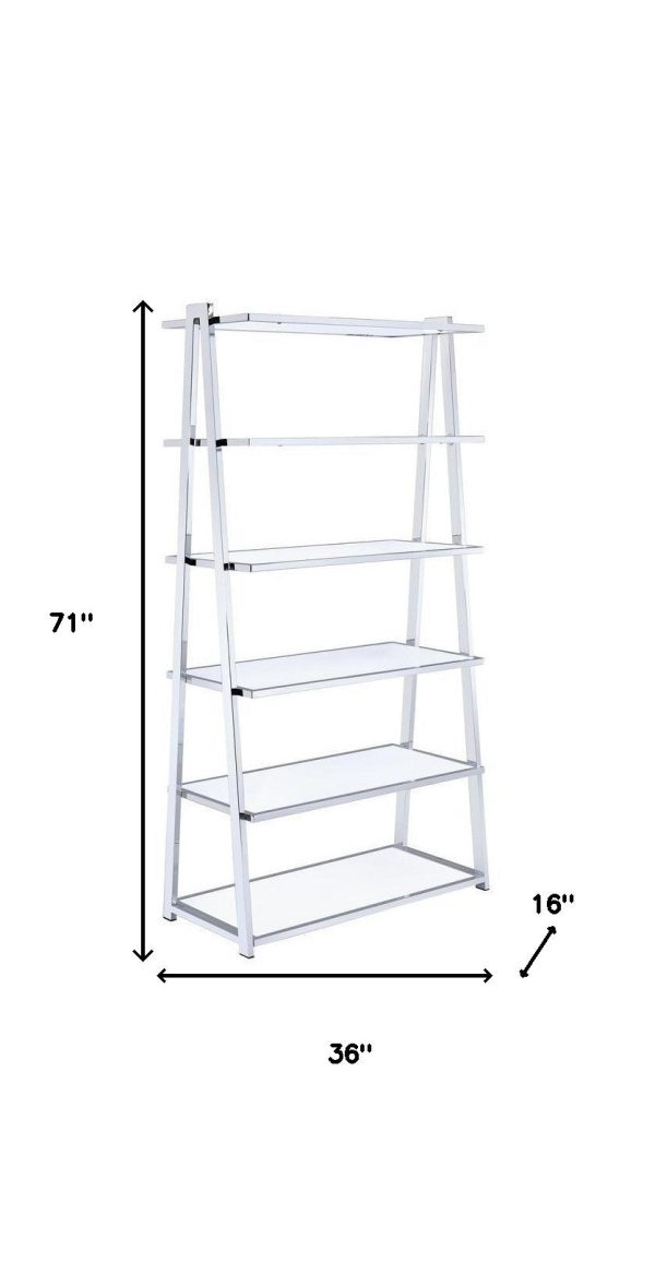 71  White and Silver Metal and Glass Five Tier Ladder Bookcase Supply