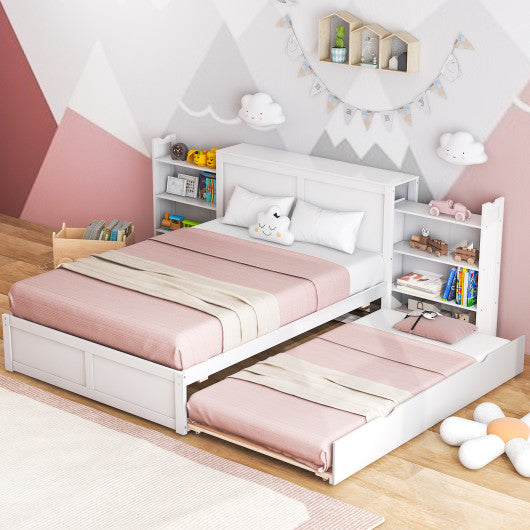 Twin Full Kids Wooden Platform Bed with Trundle Storage Headboard-Full Size Online