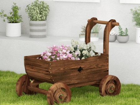 Decorative Wooden Wagon Cart with Handle Wheels and Drainage Hole-Rustic Brown Supply