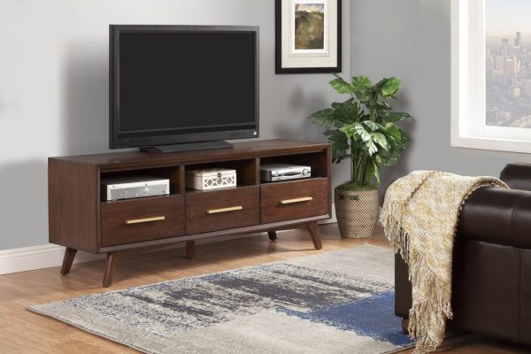 64  Brown Mahogany Solid Wood Open Shelving TV Stand For Sale