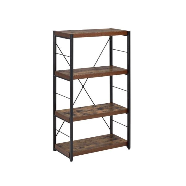 43  Brown and Black Metal and Wood Three Tier Etagere Bookcase For Sale