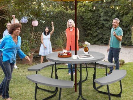 8-Person Outdoor Picnic Table and Bench Set with Umbrella Hole-Gray Supply