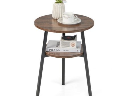 2-Tier Round End Table with Open Shelf and Triangular Metal Frame-Brown Fashion