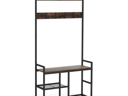 71 Inch Freestanding Hall Tree with Shoe Bench and 9 Removable Hooks-Rustic Brown Hot on Sale