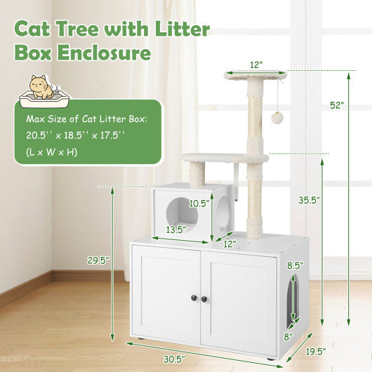 Cat Tree with Litter Box Enclosure with Cat Condo-White Supply