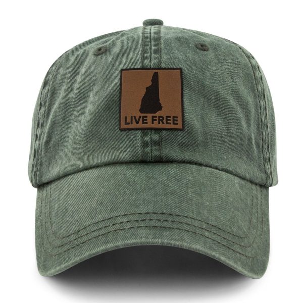 Live Free New Hampshire Leather Patch Washed Dad Hat on Sale