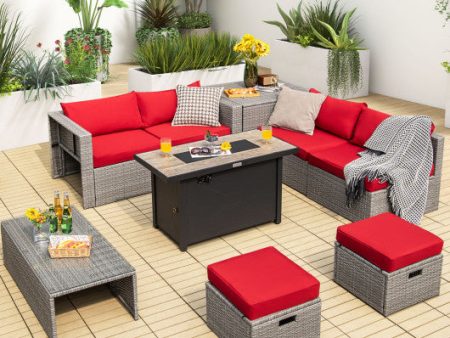 9 Pieces Patio Furniture Set with 42 Inches 60000 BTU Fire Pit-Red Online