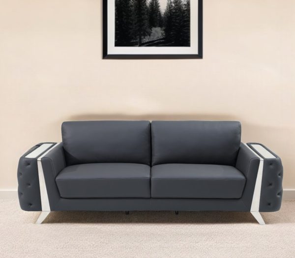 90  Gray Italian Leather Sofa With Silver Legs Online Sale