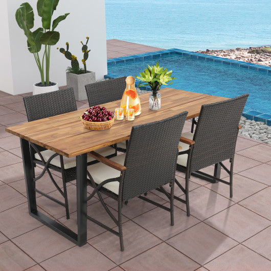 5 Pieces Patio Rattan Dining Set with Acacia Wood Tabletop and Armrests Supply