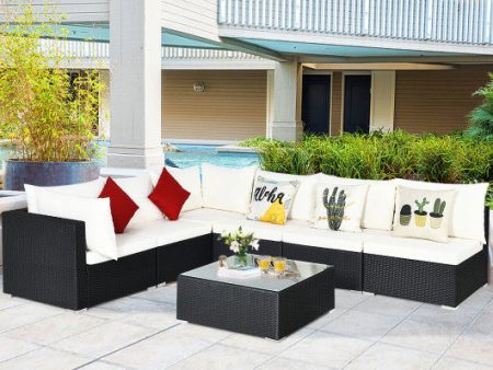 7 Pieces Sectional Wicker Furniture Sofa Set with Tempered Glass Top-Gray & Off White Online Sale