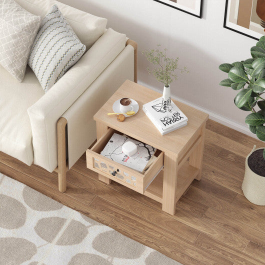 Wood Retro End Table with Mirrored Glass Drawer and Open Storage Shelf-Natural Supply