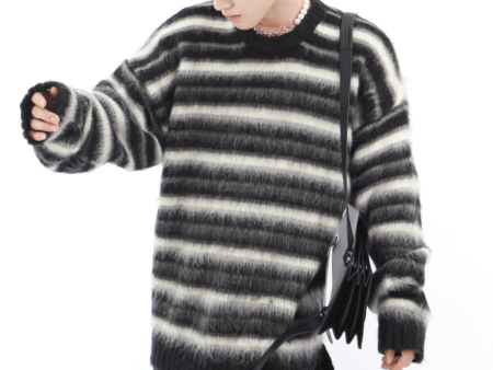 [CulturE] Black and White Striped Mohair Loose Knit na838 on Sale