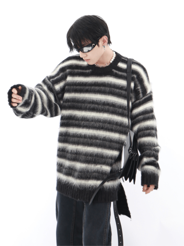 [CulturE] Black and White Striped Mohair Loose Knit na838 on Sale