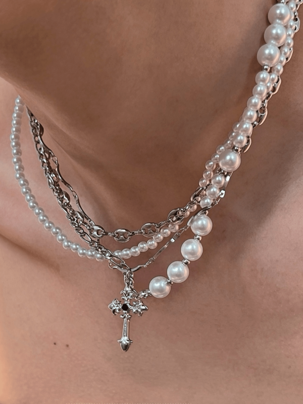 [CHEALIMPID] California Cross Multi-Layer Pearl Necklace na936 Discount