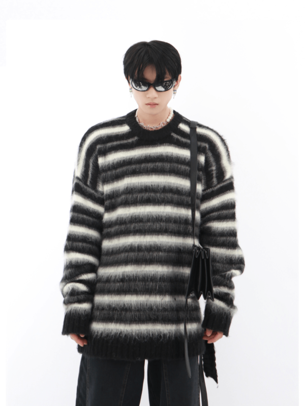 [CulturE] Black and White Striped Mohair Loose Knit na838 on Sale