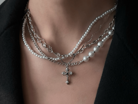 [CHEALIMPID] California Cross Multi-Layer Pearl Necklace na936 Discount