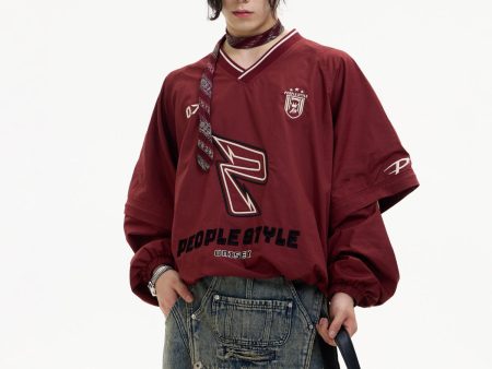 [PeopleStyle] Badge Embroidery Retro Sport V-Neck Sweatshirt na788 For Cheap