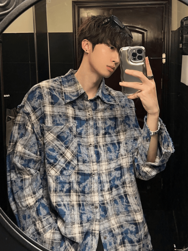 [JM HOMME] distressed raw edge plaid shirt na836 on Sale